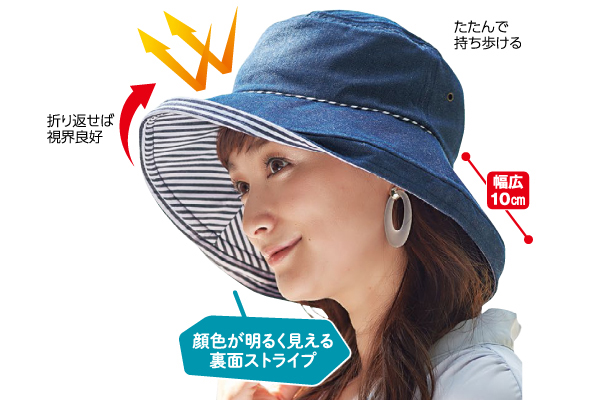 髪型ふんわりＵＶツバ広デニムハット