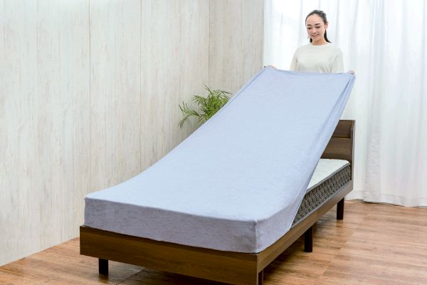ふわっと綿混パイルのびのびシーツ　ブルーグレー