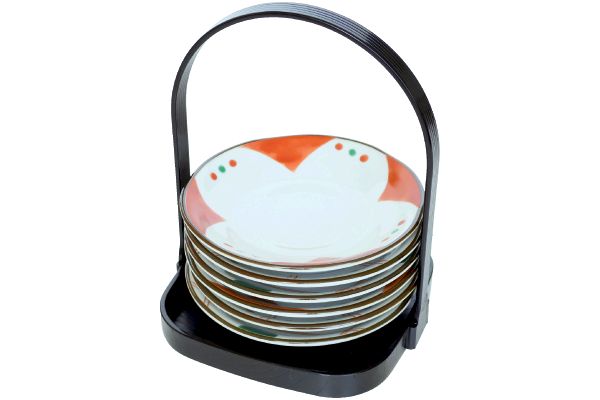 [美濃焼]手描き風取り小皿　手提げ盆付