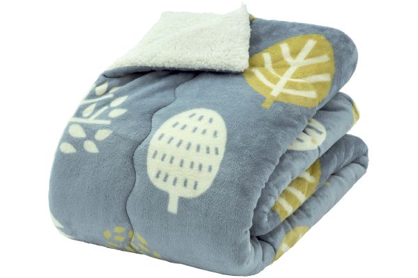 ふんわりもこもこシープ調毛布　140×190ｃｍ リーフ柄ブルー