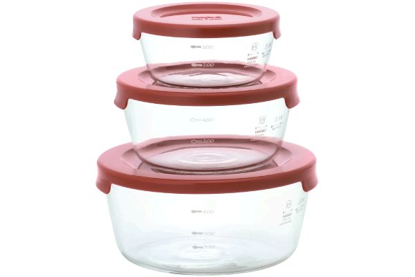 [ハリオ]耐熱ガラス製保存容器丸 （3個セット）レッド