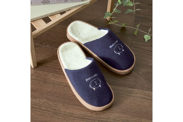 にゃっこり刺繍あったかフィットスリッパ ネイビーＬ