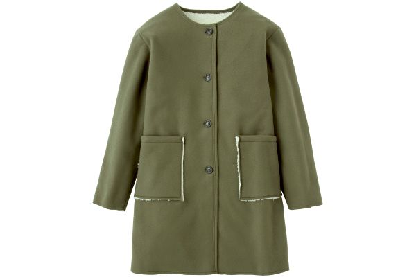 凄暖ふわっと軽いノーカラー裏ボアコート Ｍ〜Ｌカーキ