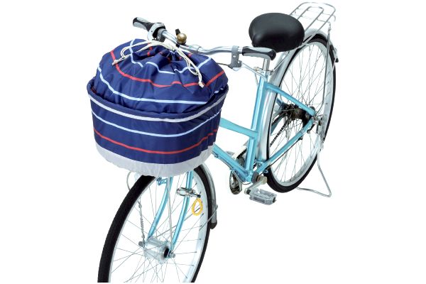 でざいん前かごカバー巾着タイプ　ネイビーレッドボーダー／