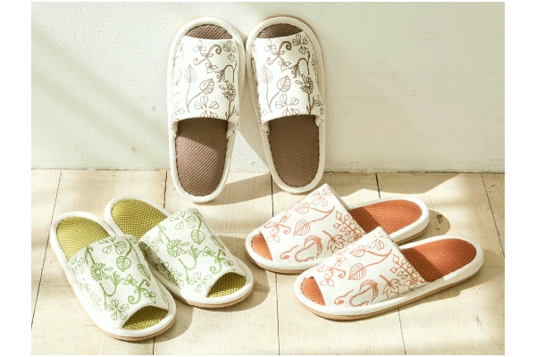 洗える麻混スリッパリーフ柄