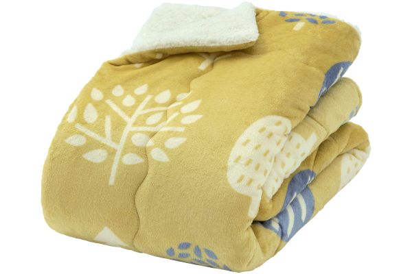 【ネット限定】ふんわりもこもこシープ調毛布　　140×190cm　リーフ柄マスタード