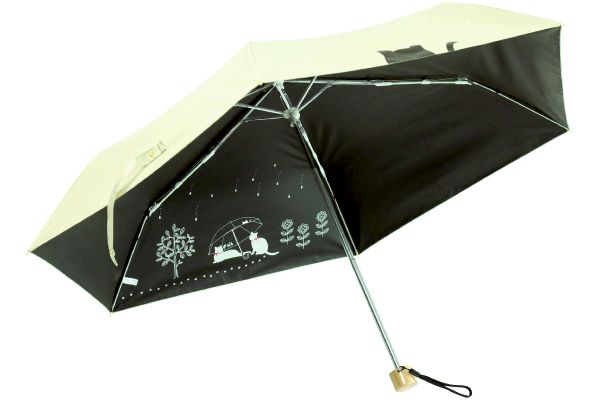 晴雨兼用折りたたみ傘　傘と猫 ベージュ