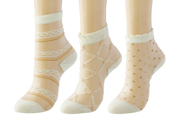 【ネット限定】シースルーデザインソックス　（3柄組 22〜24ｃｍ）　ベージュ系　
