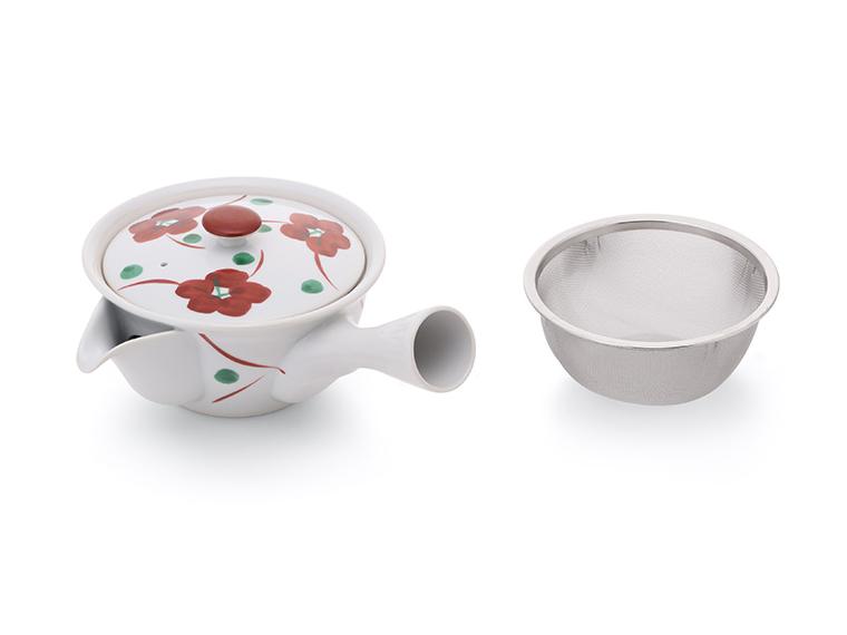 【ネット限定】有田焼　手描き赤絵広口急須（カゴ網付）