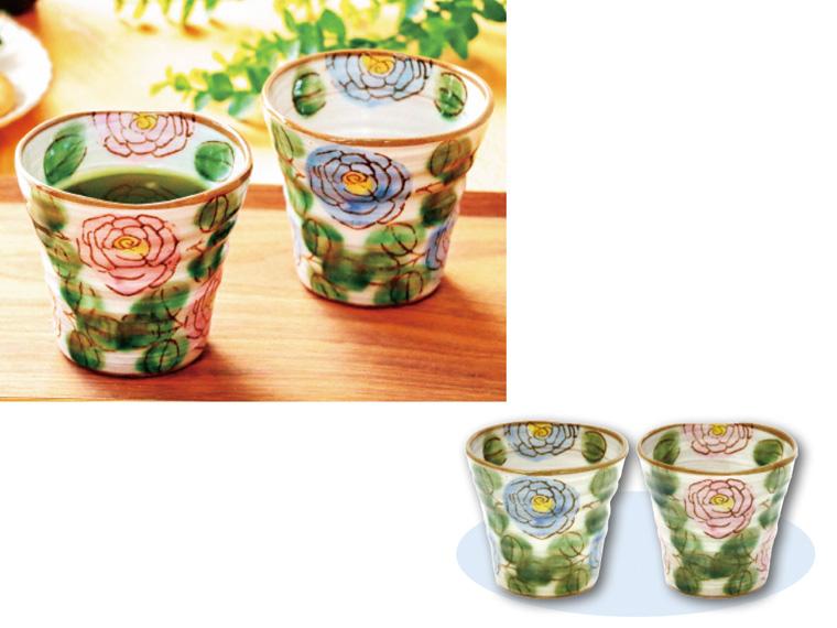 手描きお茶カップ 薔薇  ２色組 